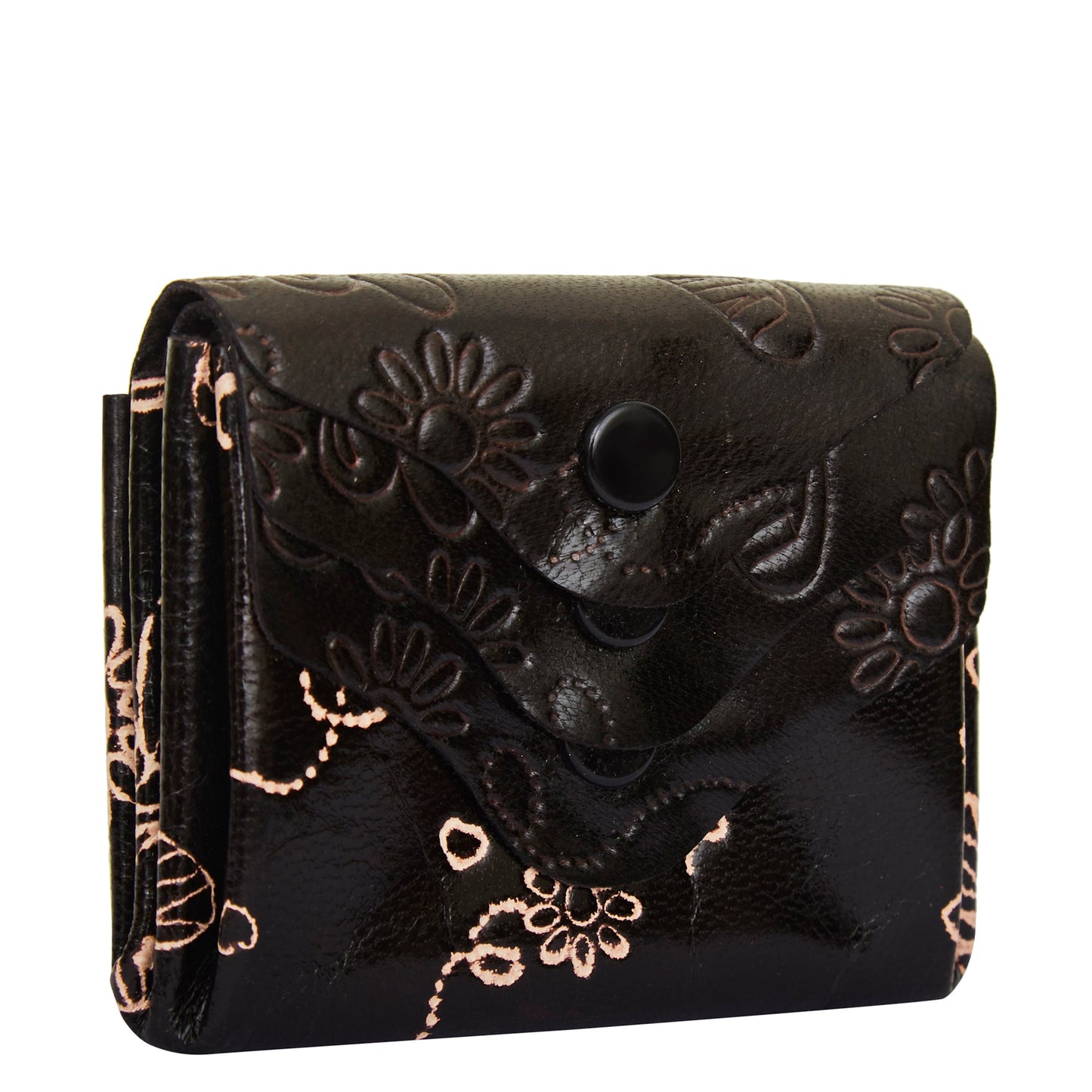 Hand-Painted Black Leather Purse with Three Button Charm