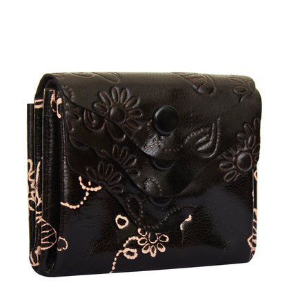 Hand-Painted Black Leather Purse with Three Button Charm