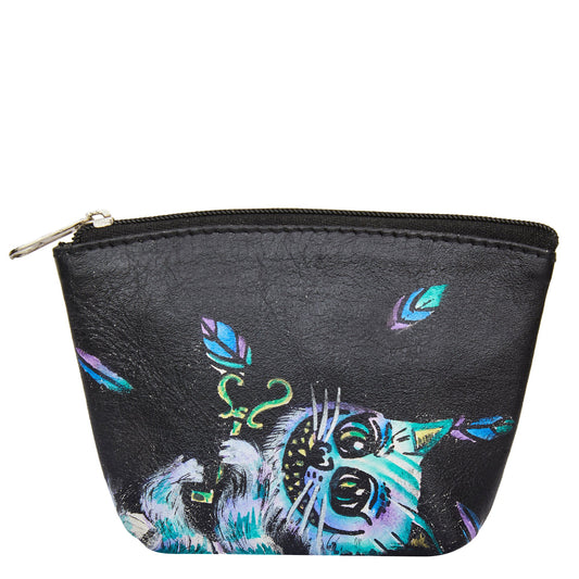 Trendy Hand-Painted Leather Coin Pouch with Cat Design
