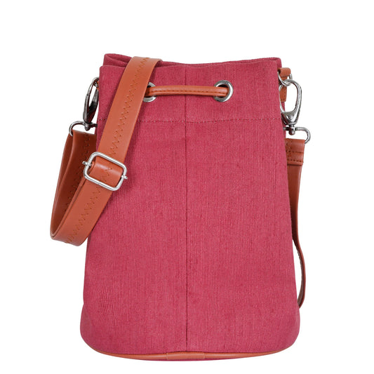 Wholesale  Pink Fabric Bucket Crossbody Sling bag  with Vegan Leather