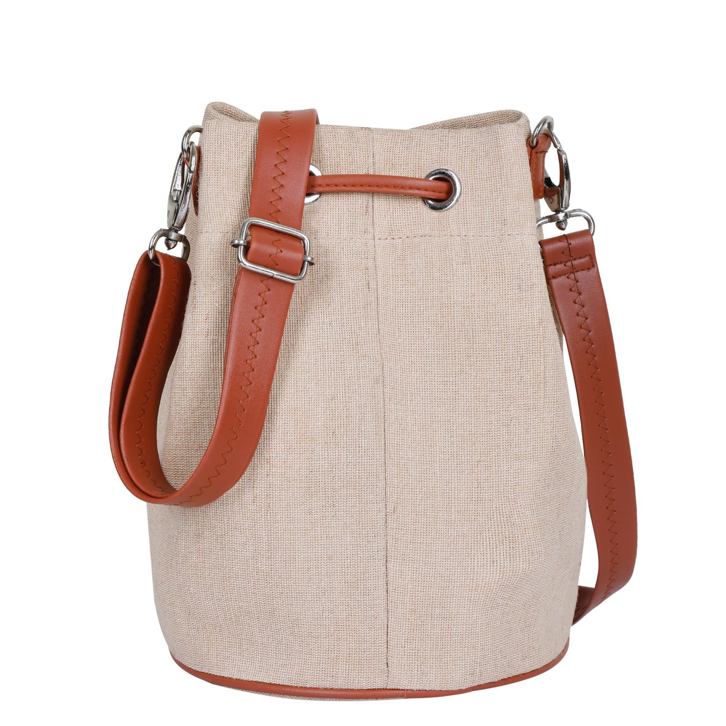 Wholesale  Beige Fabric Bucket Crossbody Sling bag  with Vegan Leather