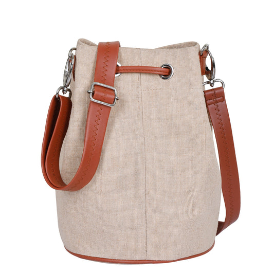 Wholesale  Beige Fabric Bucket Crossbody Sling bag  with Vegan Leather