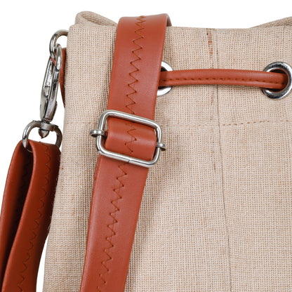 Wholesale  Beige Fabric Bucket Crossbody Sling bag  with Vegan Leather