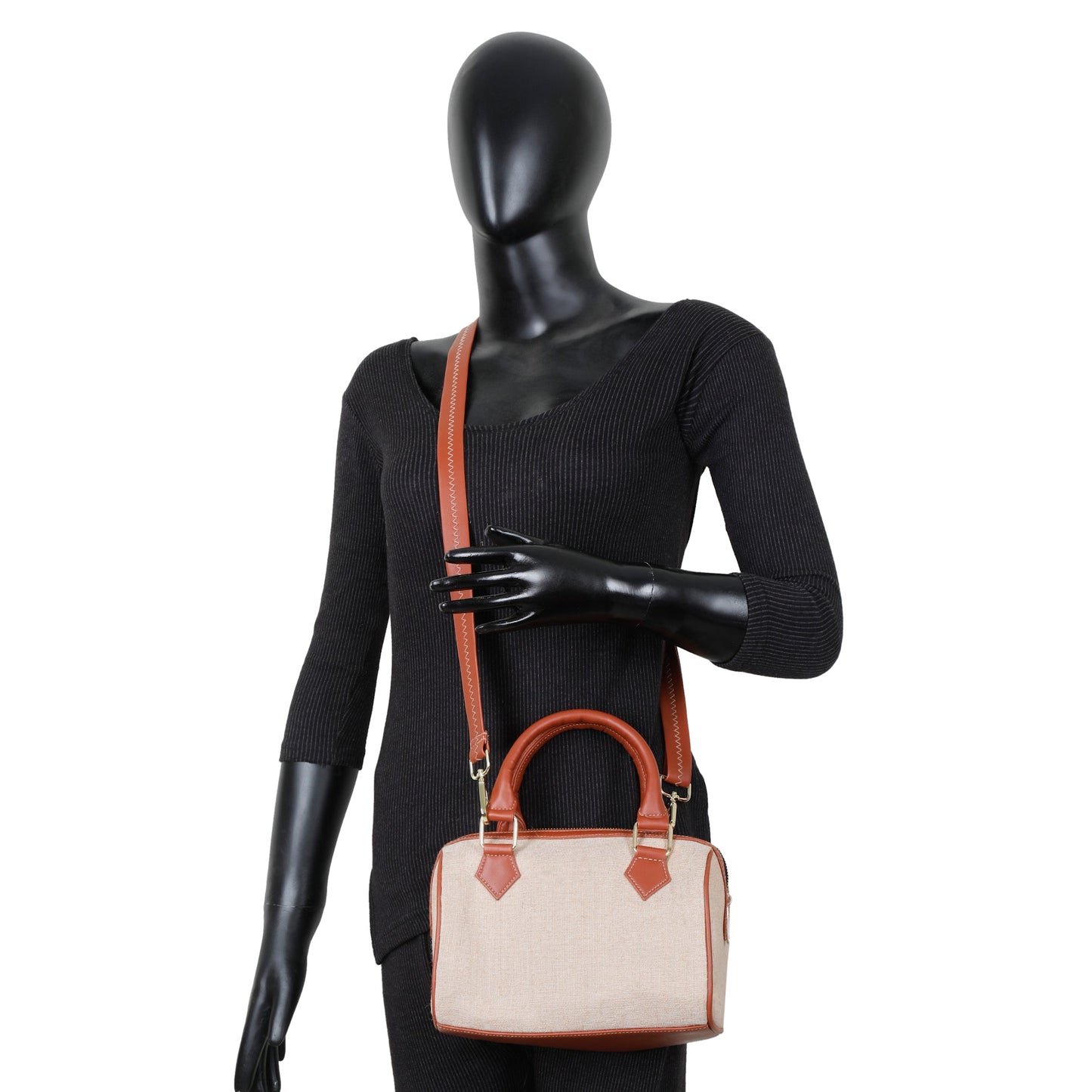 Wholesale Beige Fabric Crossbody Tote Handbag with Vegan Trim