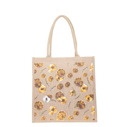 Citrus Print Jute Tote Bag – Eco-Friendly Reusable Natural Shopping Bag for Women, Groceries, Travel, Beach, and Daily Use
