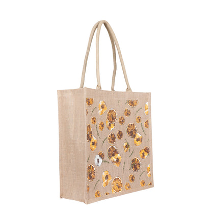 Citrus Print Jute Tote Bag – Eco-Friendly Reusable Natural Shopping Bag for Women, Groceries, Travel, Beach, and Daily Use