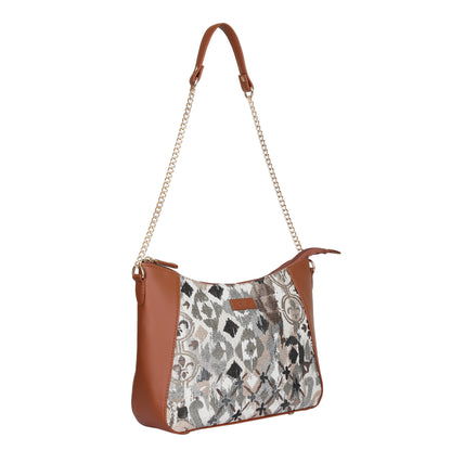 Women’s Abstract Tapestry Hobo Shoulder Bag – Vegan Leather Sling & Satchel Purse with Chain Strap & Top Handle for Work & Travel