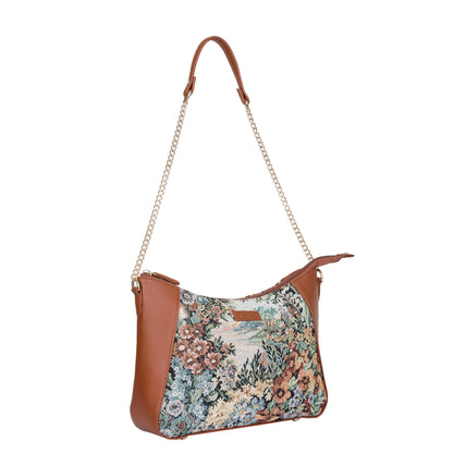 Wholesale Women's Botanical Design Tapestry Hobo Bag | Shoulder & Satchel Purse with Vegan Leather Trim
