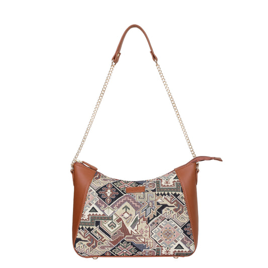 Ladies’ Geometric Tapestry Hobo Shoulder Bag – Vegan Leather Tote Purse with Chain Strap & Top Handle for Everyday Carry