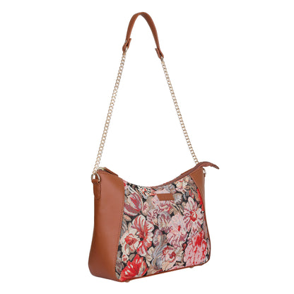 Ladies’ Floral Tapestry Hobo Shoulder Bag – Vegan Leather Satchel Purse with Top Handle & Chain Strap for Daily Use
