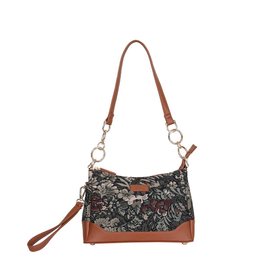 Women Vintage Tapestry Shoulder Bag – Vegan Leather - Trimmed Tote Sling Satchel Purse