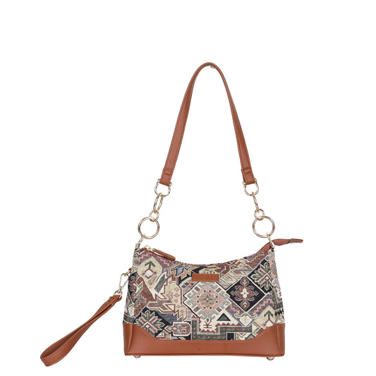 Geometric Tapestry Shoulder Bag for Women – Elegant Tote Sling Satchel Purse with Vegan Leather Handle