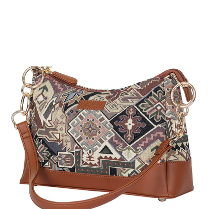 Geometric Tapestry Shoulder Bag for Women – Elegant Tote Sling Satchel Purse with Vegan Leather Handle
