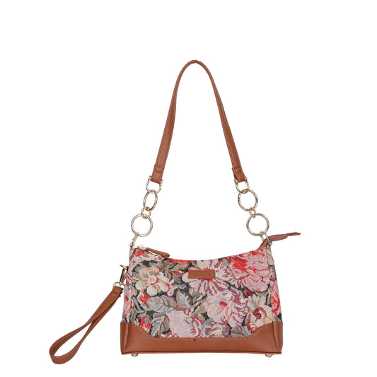 Floral Pattern Tapestry Shoulder Bag for Women – Stylish Tote Sling Satchel Purse with Vegan leather Trim