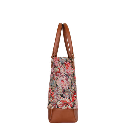 Wholesale Women Floral Tapestry Tote Bag – Vegan Leather trimmed Shoulder Purse with Top Handle