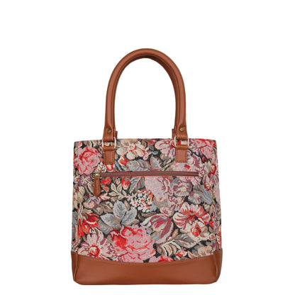 Wholesale Women Floral Tapestry Tote Bag – Vegan Leather trimmed Shoulder Purse with Top Handle