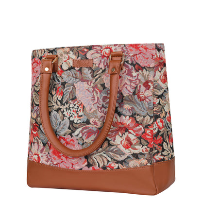 Wholesale Women Floral Tapestry Tote Bag – Vegan Leather trimmed Shoulder Purse with Top Handle