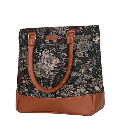 Women Vintage Tapestry Tote Bag – Vegan Leather-Trimmed Top Handle Shoulder Handbag for Daily Use, Office & Travel