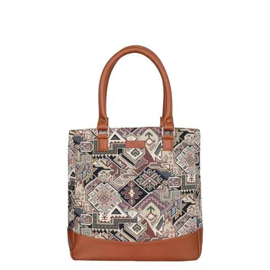Ladies’ Geometric Tapestry Fabric Tote Bag – Shoulder Purse with Top Handle and Vegan Leather Trim for Everyday Carry