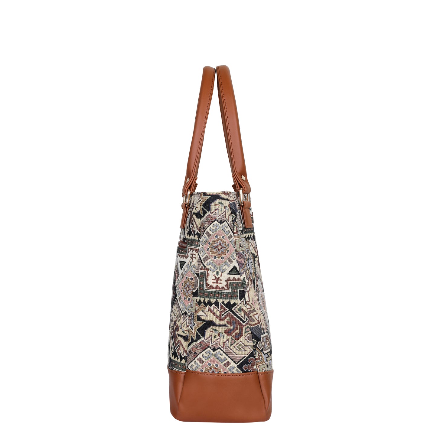Wholesale Geometric Tapestry Tote Bag for Women – Vegan Leather Trimmed Shoulder Purse for Daily Use & Work