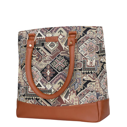 Wholesale Geometric Tapestry Tote Bag for Women – Vegan Leather Trimmed Shoulder Purse for Daily Use & Work