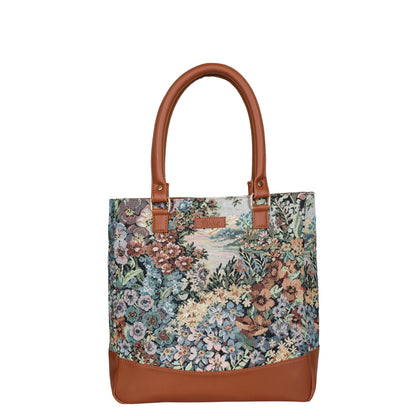 Wholesale Women Botanical Tapestry Tote Bag – Shoulder & Top Handle Handbag with vegan leather Accents
