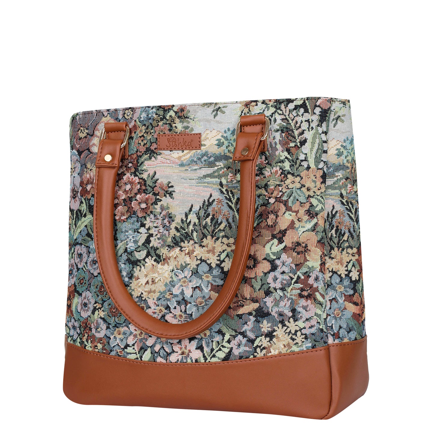Wholesale Women Botanical Tapestry Tote Bag – Shoulder & Top Handle Handbag with vegan leather Accents