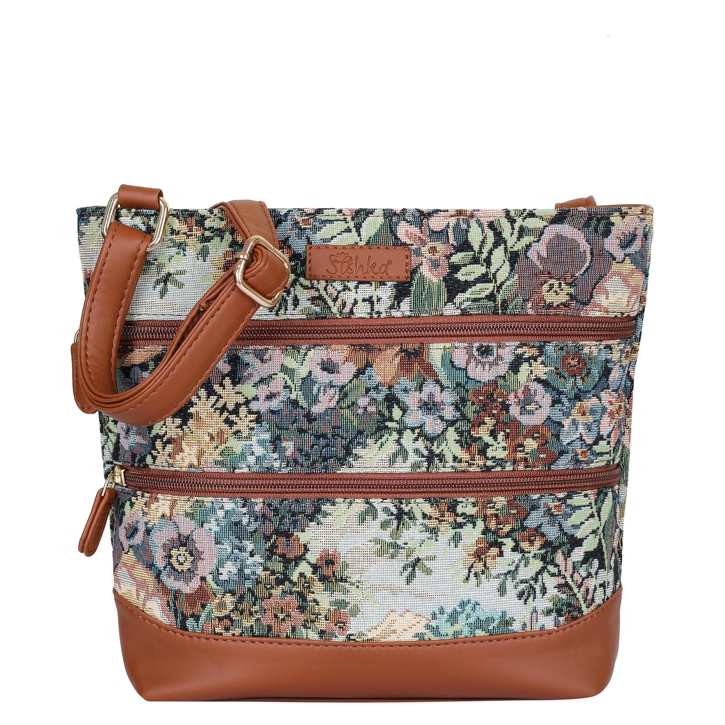 Women’s Botanical Tapestry Crossbody Bag – Messenger-Style Shoulder Purse with Vegan Leather Trim