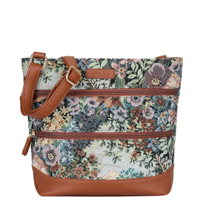 Women’s Botanical Tapestry Crossbody Bag – Messenger-Style Shoulder Purse with Vegan Leather Trim
