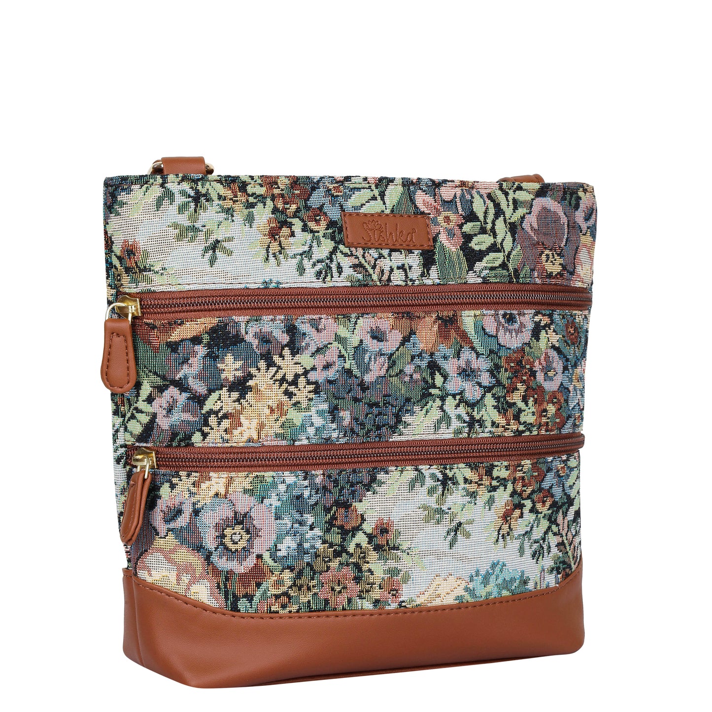 Women’s Botanical Tapestry Crossbody Bag – Messenger-Style Shoulder Purse with Vegan Leather Trim