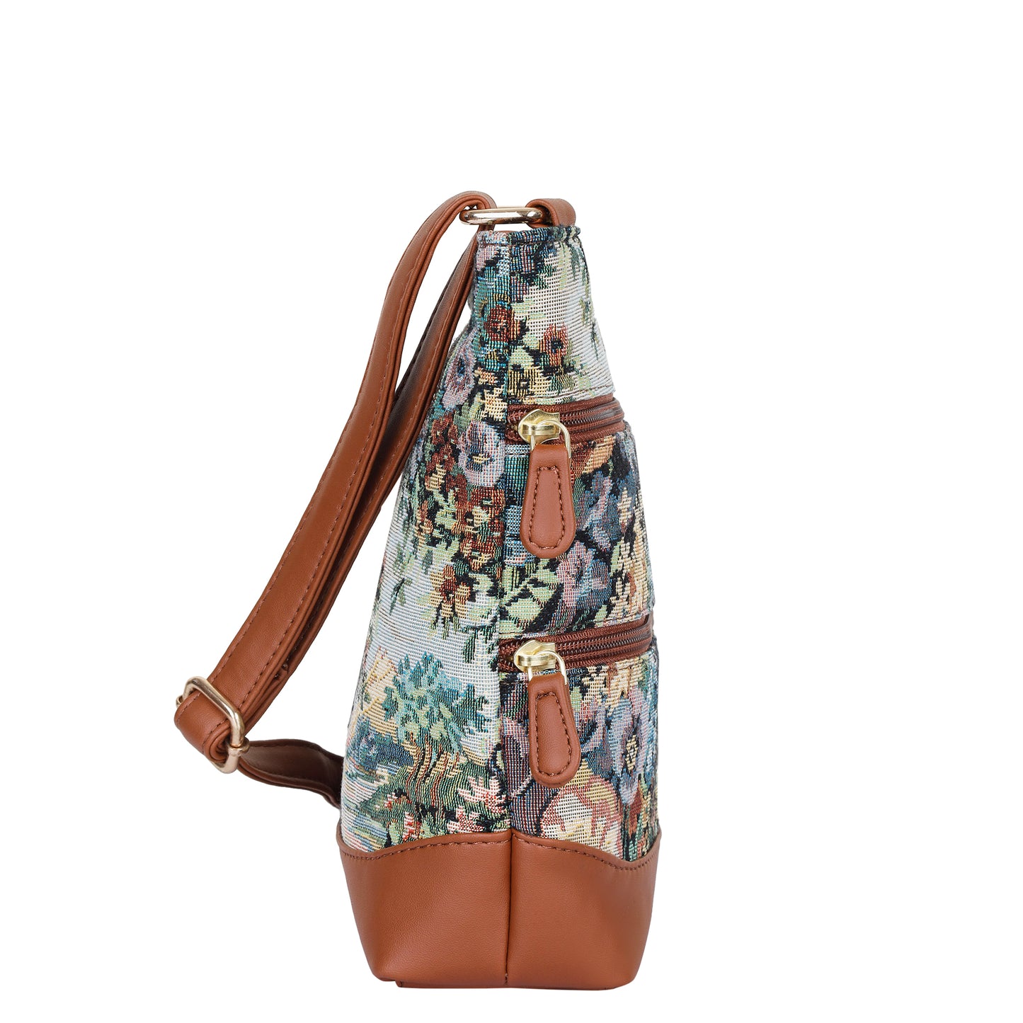 Women’s Botanical Tapestry Crossbody Bag – Messenger-Style Shoulder Purse with Vegan Leather Trim