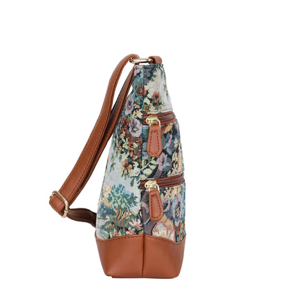Women’s Botanical Tapestry Crossbody Bag – Messenger-Style Shoulder Purse with Vegan Leather Trim