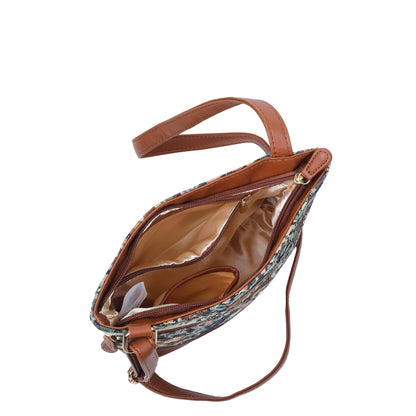 Women’s Botanical Tapestry Crossbody Bag – Messenger-Style Shoulder Purse with Vegan Leather Trim