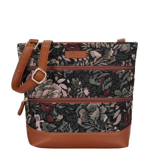 Women’s Vintage Tapestry Crossbody Sling Bag – Shoulder & Messenger Purse with PU Leather Trim & Adjustable Strap for Daily Use