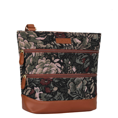 Women’s Vintage Tapestry Crossbody Sling Bag – Shoulder & Messenger Purse with with Vegan Leather Trim
