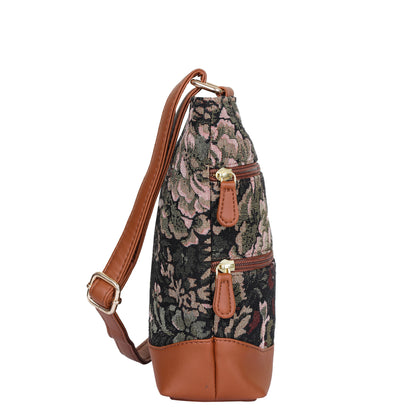 Women’s Vintage Tapestry Crossbody Sling Bag – Shoulder & Messenger Purse with with Vegan Leather Trim