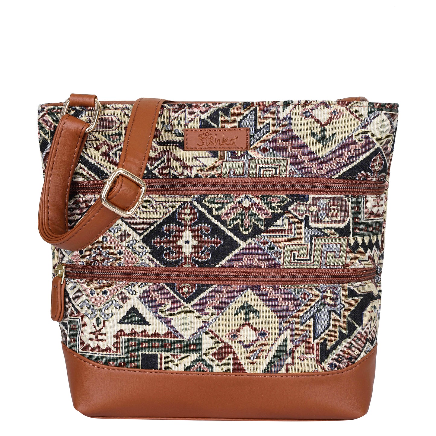 Geometric Tapestry Crossbody Sling – Women’s Messenger & Shoulder Bag with Vegan Leather Trim