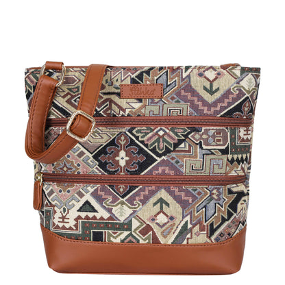 Geometric Tapestry Crossbody Sling – Women’s Messenger & Shoulder Bag with Vegan Leather Trim
