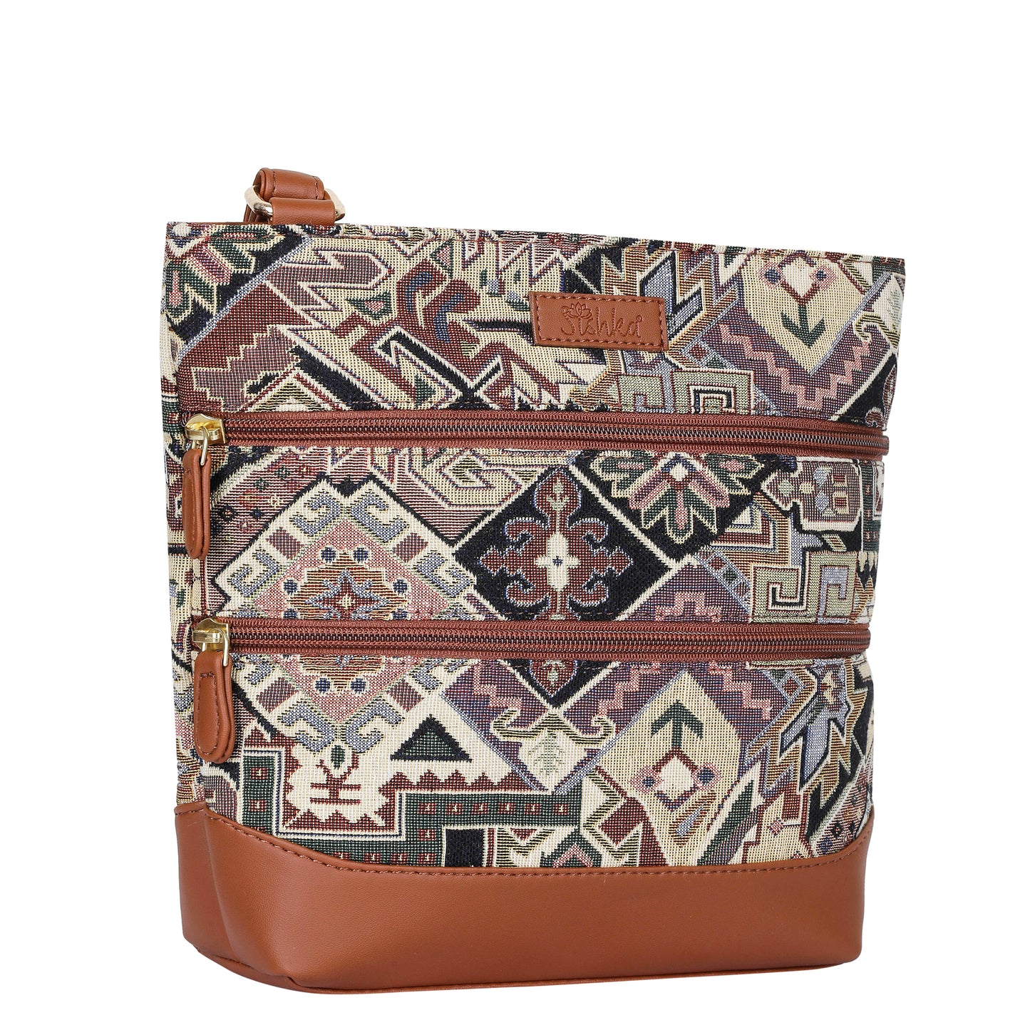 Geometric Tapestry Crossbody Sling – Women’s Messenger & Shoulder Bag with Vegan Leather Trim