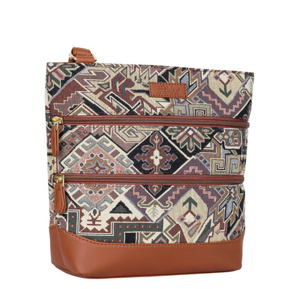 Geometric Tapestry Crossbody Sling – Women’s Messenger & Shoulder Bag with Vegan Leather Trim