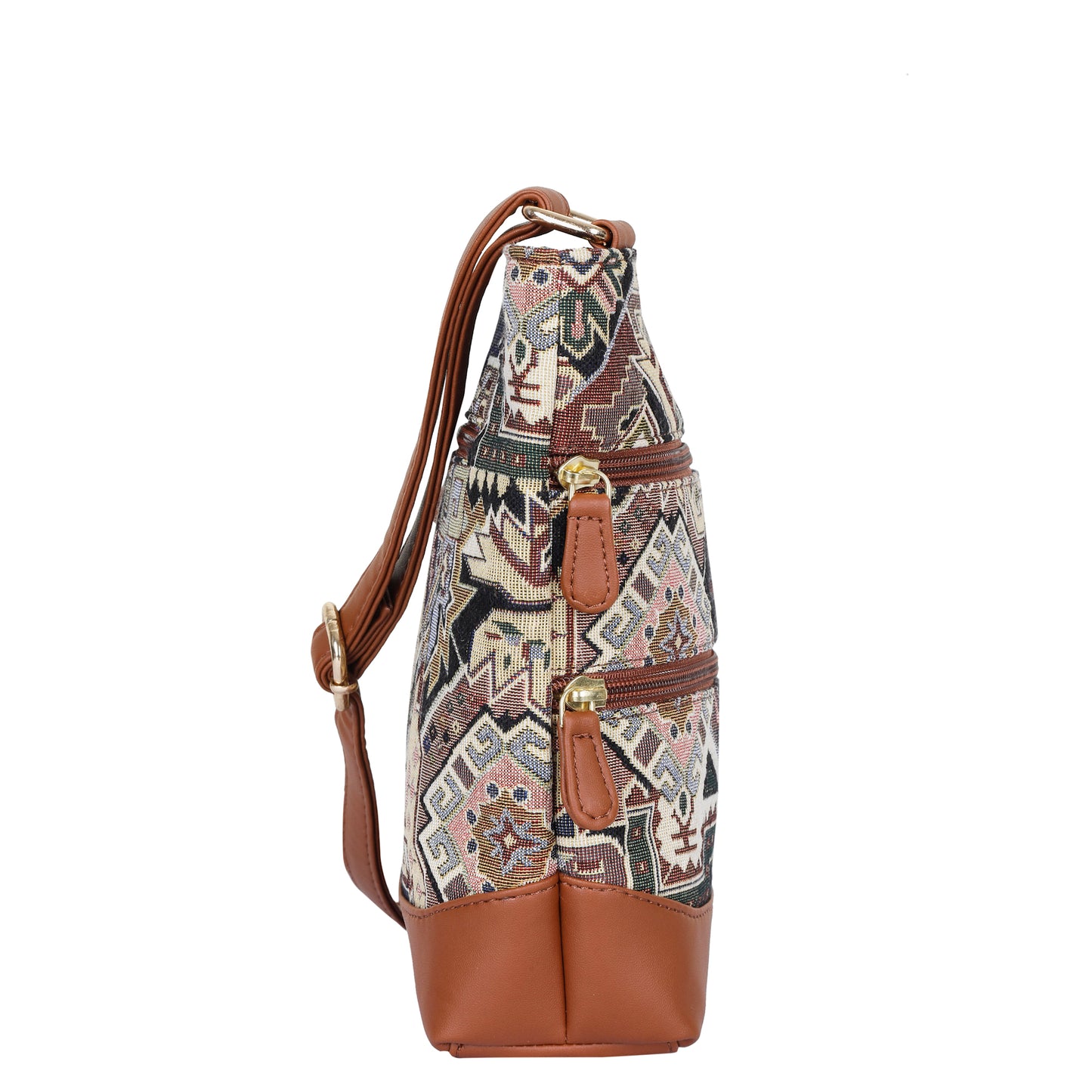 Geometric Tapestry Crossbody Sling – Women’s Messenger & Shoulder Bag with Vegan Leather Trim