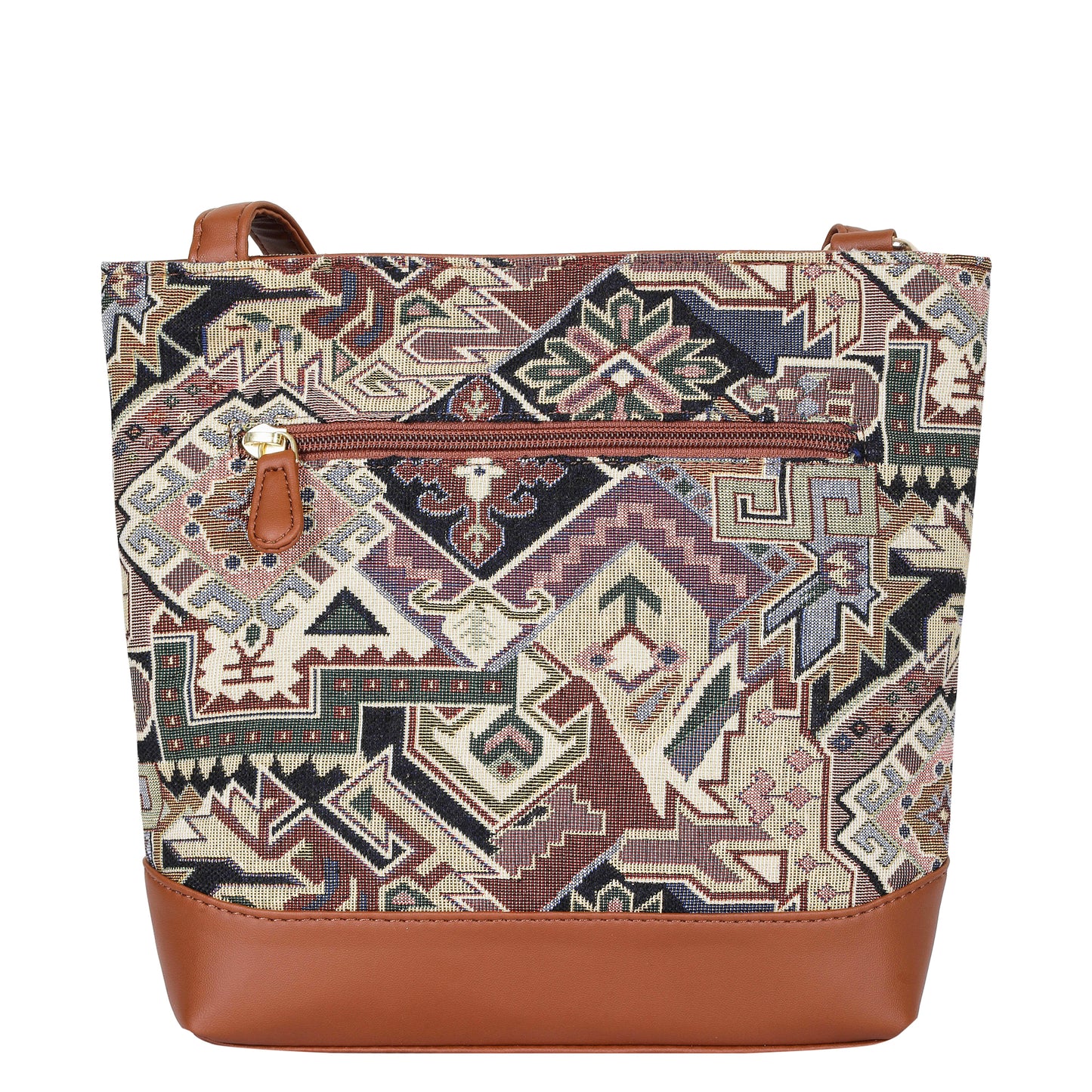 Geometric Tapestry Crossbody Sling – Women’s Messenger & Shoulder Bag with Vegan Leather Trim
