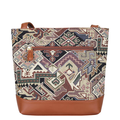 Geometric Tapestry Crossbody Sling – Women’s Messenger & Shoulder Bag with Vegan Leather Trim