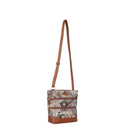 Geometric Tapestry Crossbody Sling – Women’s Messenger & Shoulder Bag with Vegan Leather Trim