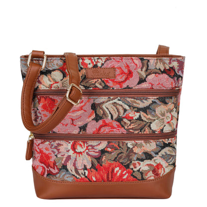 Floral Tapestry Crossbody Sling Bag – Women’s Shoulder & Messenger Purse with Vegan Leather Trim