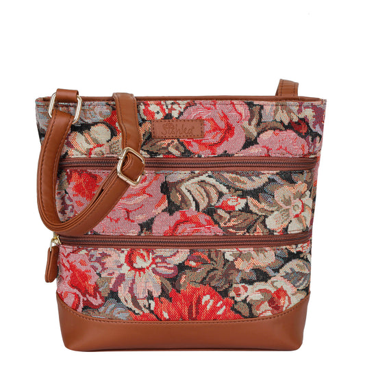 Ladies’ Floral Pattern Tapestry Sling Bag – Crossbody Shoulder Purse with Vegan Leather Trim & Adjustable Strap for Travel