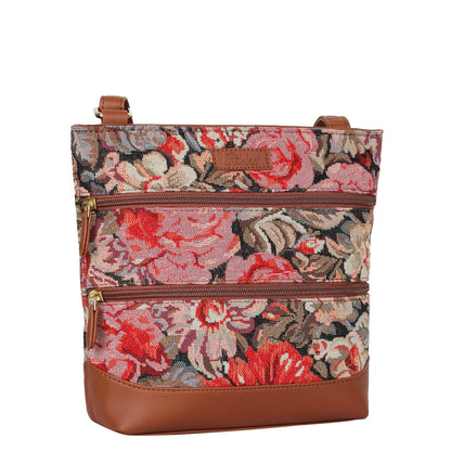 Floral Tapestry Crossbody Sling Bag – Women’s Shoulder & Messenger Purse with Vegan Leather Trim