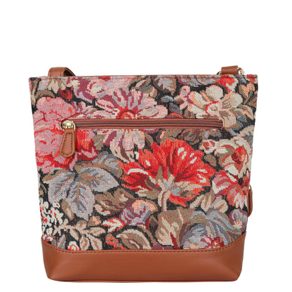 Floral Tapestry Crossbody Sling Bag – Women’s Shoulder & Messenger Purse with Vegan Leather Trim