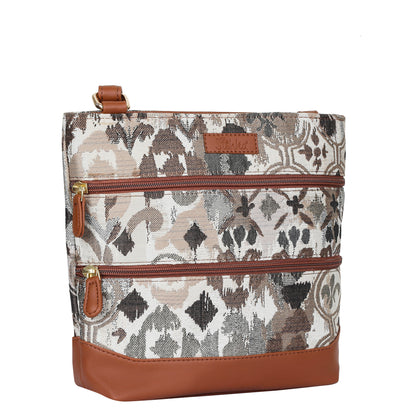 Women’s Abstract Design Tapestry Crossbody Sling Bag – Shoulder & Messenger Purse with Vegan Leather Trim