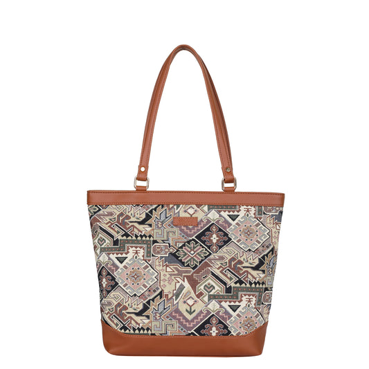 Ladies’ Geometric Tapestry Tote Bag – Vegan Leather-Accented Handbag with Sling Strap & Top Handles for Work & Travel